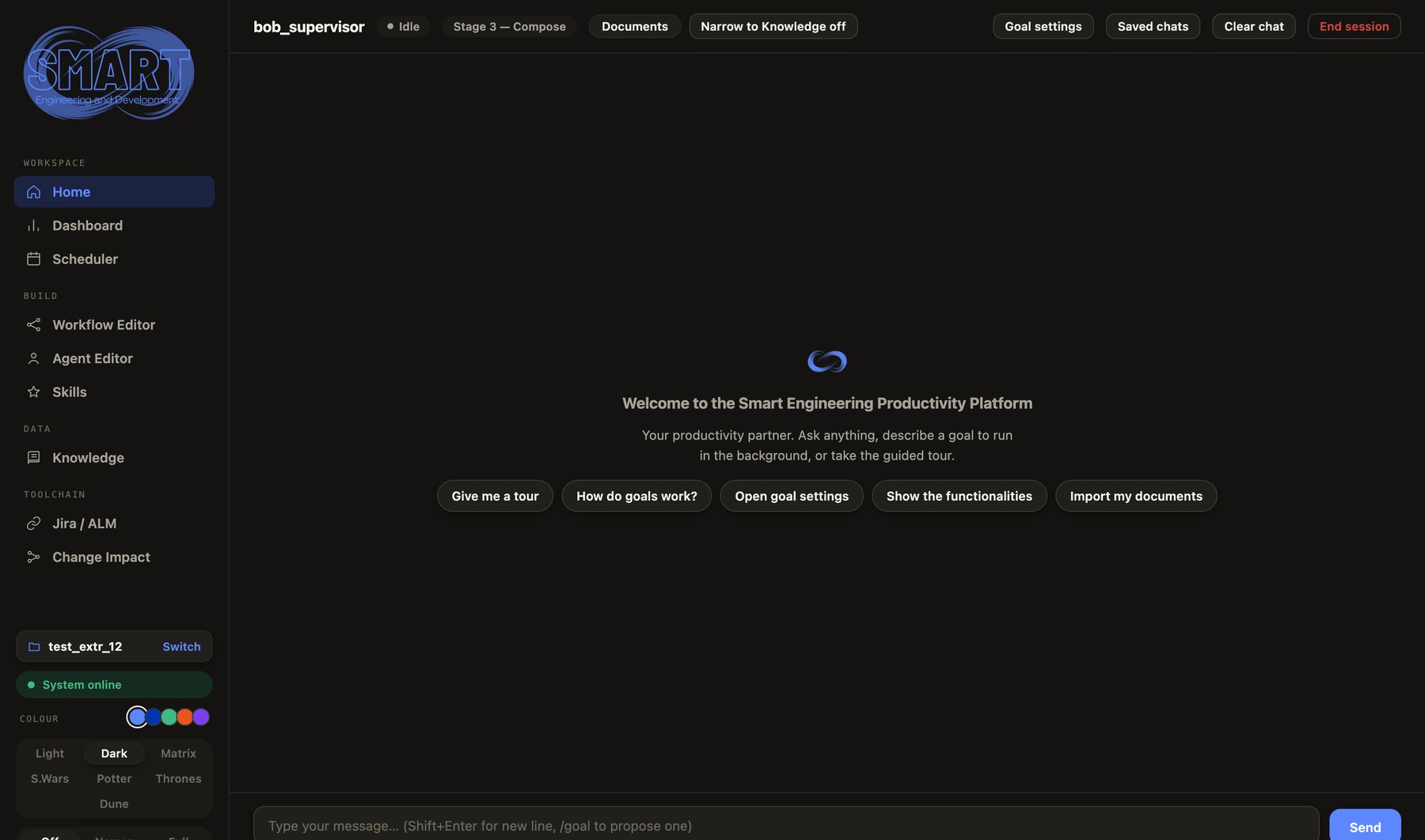 The Autonomous Agent chat screen welcoming the user and offering a tour, goal settings and document import